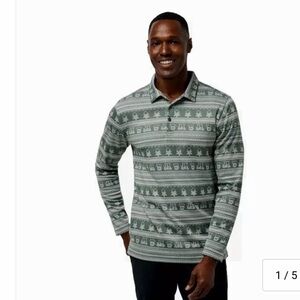 Men's Travis Mathew Long-Sleeve Green Patterned Polo Shirt